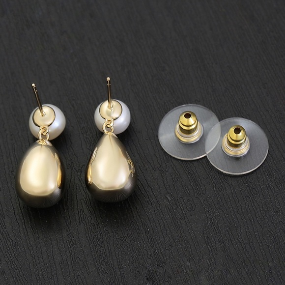 Tear Drop Pearl Earrings  925 Sterling Silver Mallorca Pearl 14k Gold Plated - Picture 5 of 10